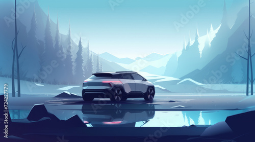 Illustration of a modern concept of an electric car against the background of nature