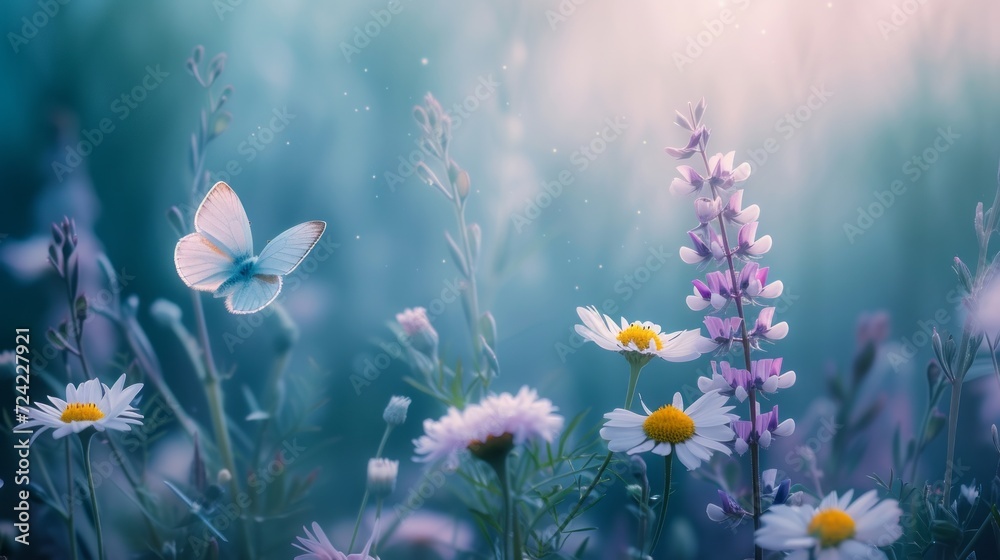 Beautiful wildflowers daisy, purple wild pea, butterfly in nature close-up macro morning misty. Landscape large format, copy space, cool blue tones. Delightful pastoral airy artistic image. - obrazy, fototapety, plakaty 