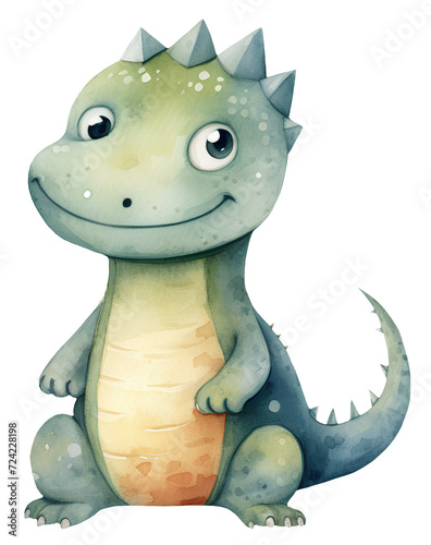 Watercolor illustration of a cute cartoon green dinosaur. Dragon  Baby animals. Simple  naive style. Transparent background  png