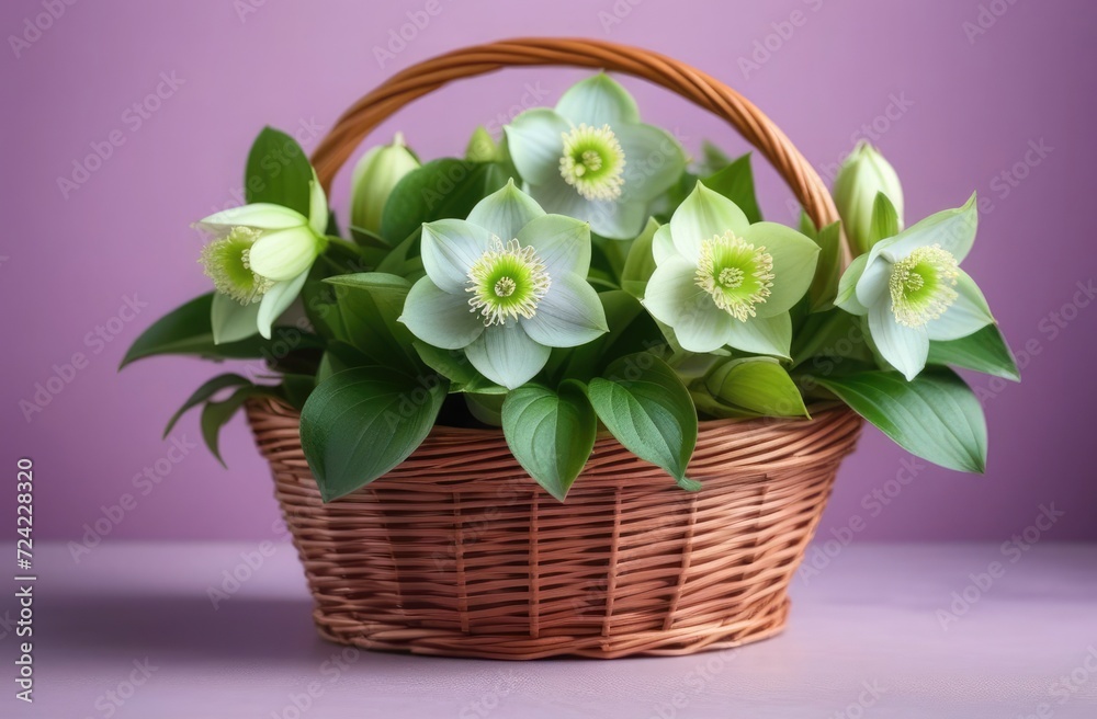 Obraz premium Bouquet of Hellebore flowers in basket on a Pastel Purple background. Beautiful spring flowers. Mother's Day, Happy Women's Day, Valentine's Day, Easter. Copy space. Card