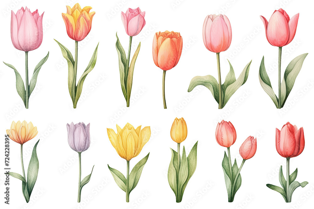Vibrant Kaleidoscope: A Whimsical Array of Multicolored Tulips Blossoming on a Pristine White Canvas