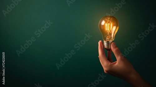 Bulb in hand holding Straight Upright, Isolated on dark green background with clipping path. Use as idea concept.