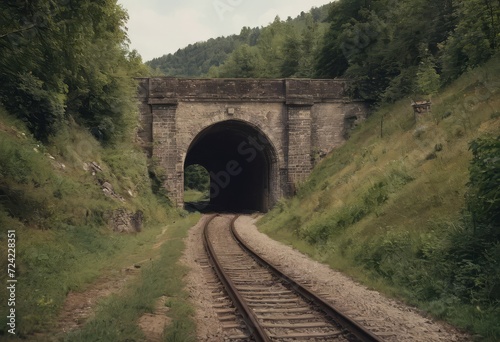 Rusty train tracks lead into a dark tunnel in a desaturated landscape