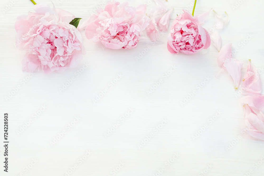 Pink peony flowers, arranged with care, natural charm to the composition on a clean white table. Top view with copy space.