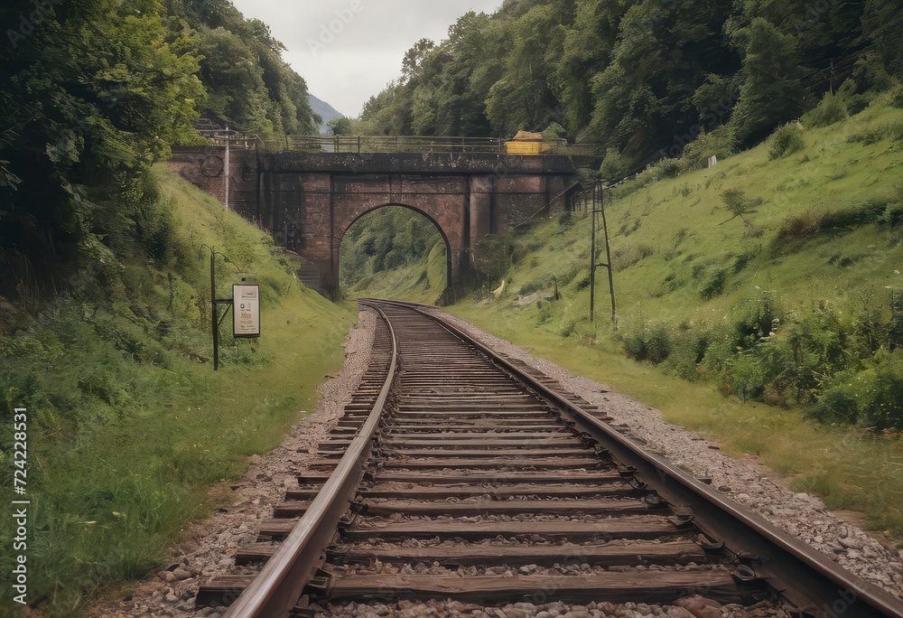 Rusty train tracks lead into a dark tunnel in a desaturated landscape Rusty train tracks lead into a dark tunnel in a desaturated landscape