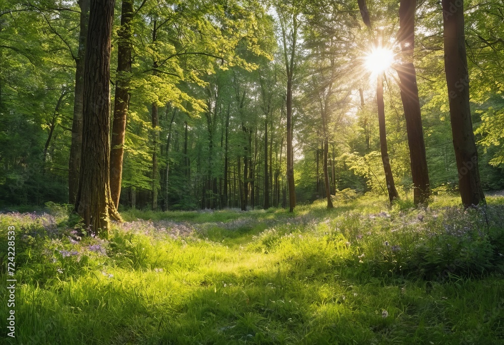 Obraz premium Scenic forest of fresh green deciduous trees framed by leaves, with the sun casting its warm rays through the foliage