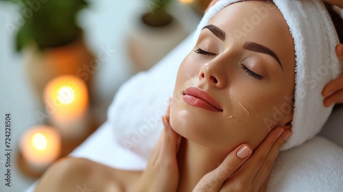 beautifil woman receiving facial massage and relaxing at spa