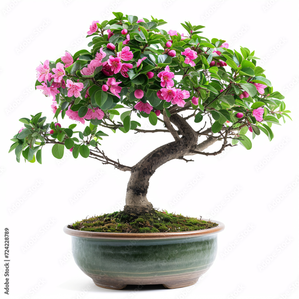 Naklejka premium Floral Delicacy: A Blooming Pink Azalea Bonsai Tree in Elegant Display, isolated on white background with full depth of field and deep focus fusion