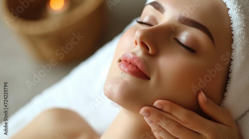 beautifil woman receiving facial massage and relaxing at spa