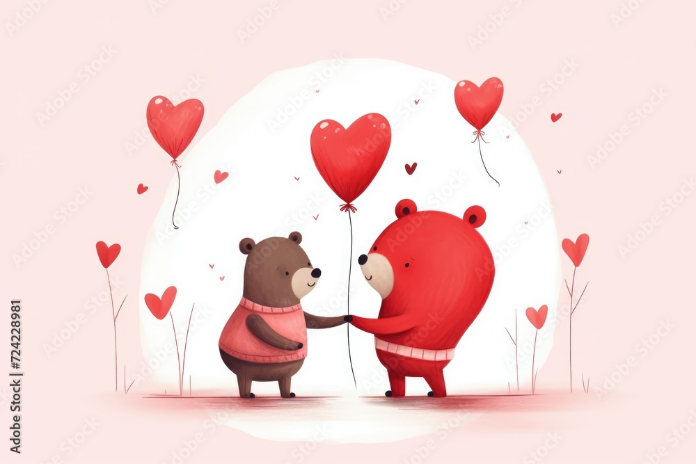postcard valentine's day bears love, red hearts. Banner. Cute animal characters