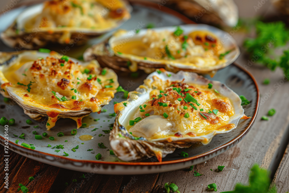 Close Up Still Life of Oysters with Cheesy Gratin Topping Served on Plate with Green Garnish on Rustic Wooden Table Close Up Still Life of Oysters with Cheesy Gratin Topping Served on Plate with Green Garnish on Rustic Wooden Table