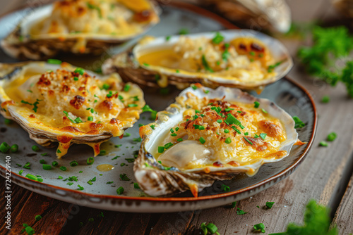 Close Up Still Life of Oysters with Cheesy Gratin Topping Served on Plate with Green Garnish on Rustic Wooden Table