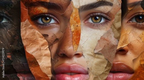 Contemporary artwork. Modern design. Kaleidoscope shape of women's faces of different race, color, age, nationality. Concept of beauty standards, multi ethnicity, friendship, diversity, human rights  photo