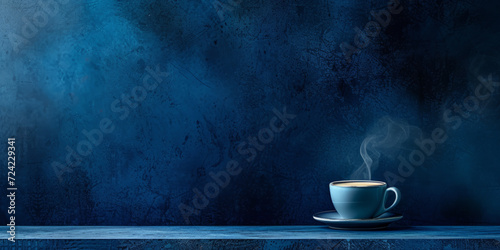 Midnight blue banner showcasing a hot coffee cup on the side, with room for your text. photo