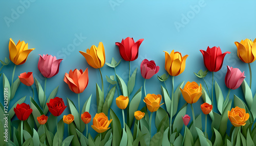 Paper art illustration of colorful tulip field against blue background  perfect for springtime and easter greeting cards or posters.