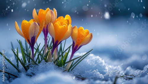 flowers bloom in white snow during the winter © Serega