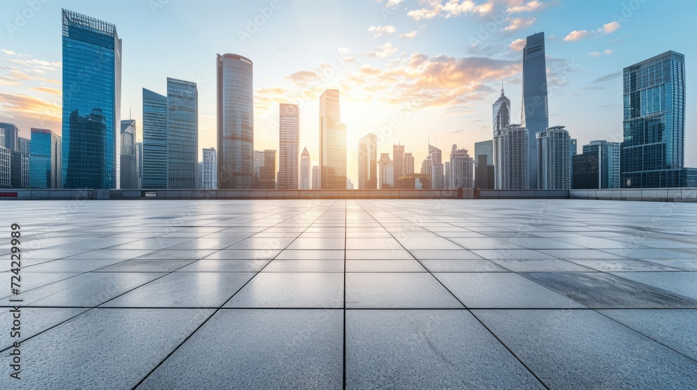 Empty square floor and city skyline with building background