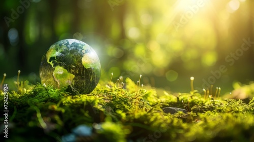 Earth Day - Environment - Green Globe In Forest With Moss And Defocused Abstract Sunlight 