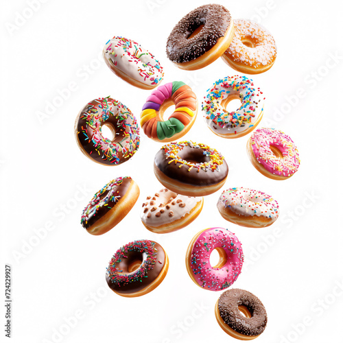 Decadent Delights: A Whimsical Assortment of Frosted Donuts Floating in Mid-Air, isolated on white background with full depth of field and deep focus fusion 