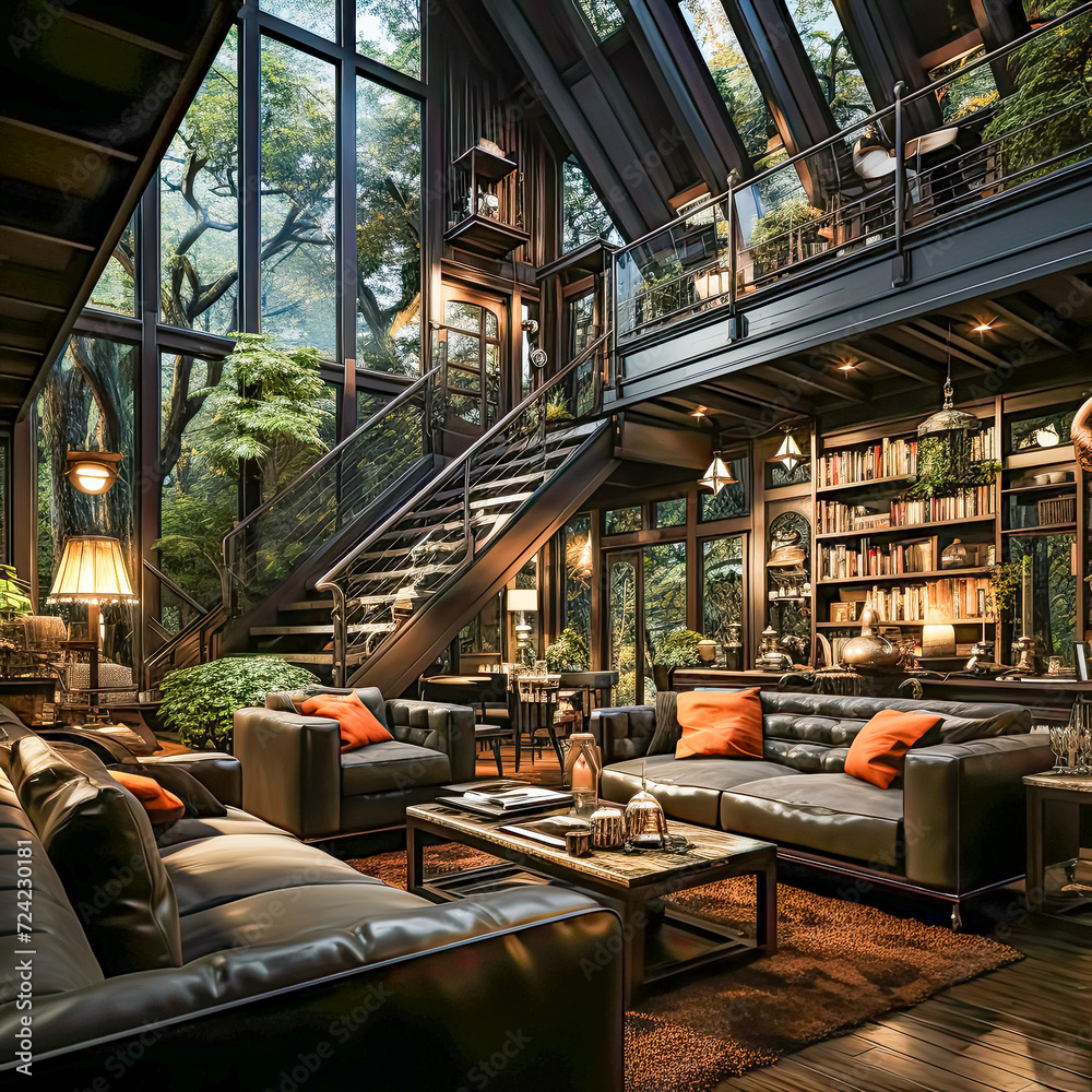 Modern interiors with dark hues warm light, and natural materials create a cozy haven 3d illustration high quality