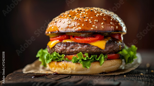 Food photography of an unhealthy burger with greasy and tempting ingredients.