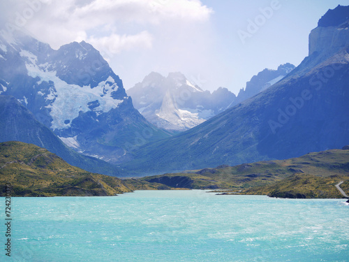 Lakes and mountains in Torres del Paine National Park in Chilean Patagonia