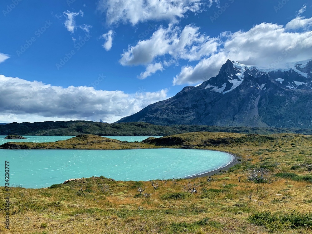 Lakes and mountains in Torres del Paine National Park in Chilean Patagonia