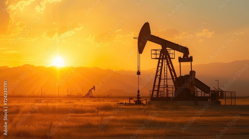 Oil fracking rig at sunset, open desert