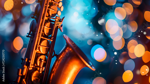 Close-up of a saxophone against bokeh background. Jazz night on a blues club ads template, copy space. Saxophone basking in the glow of soft light orbs.