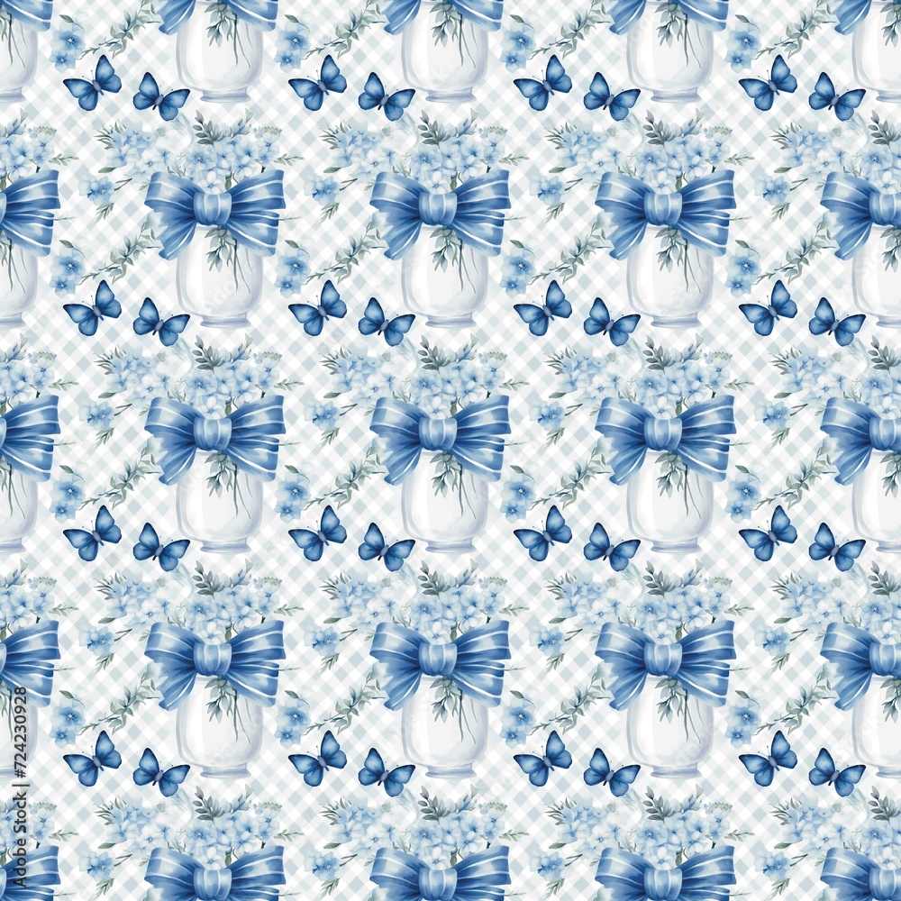 seamless pattern with snowflakes Blue flowers in a glass vase, white bow, butterfly on a plaid background, watercolor, vintage fabric pattern, seamless. Art repeat embroidery landscapes releases seamless pattern with snowflakes Blue flowers in a glass vase, white bow, butterfly on a plaid background, watercolor, vintage fabric pattern, seamless. Art repeat embroidery landscapes releases