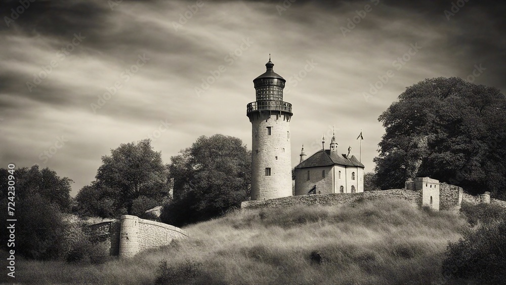 church   of nepomuk black and white photo of A fantasy lighthouse in a medieval landscape 