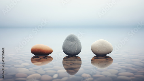 Three smooth pebbles reflecting in shallow water on the seaside. Oval stones in a calm misty ocean. Peaceful meditative mood. Beautiful, quiet seascape. Copy space.