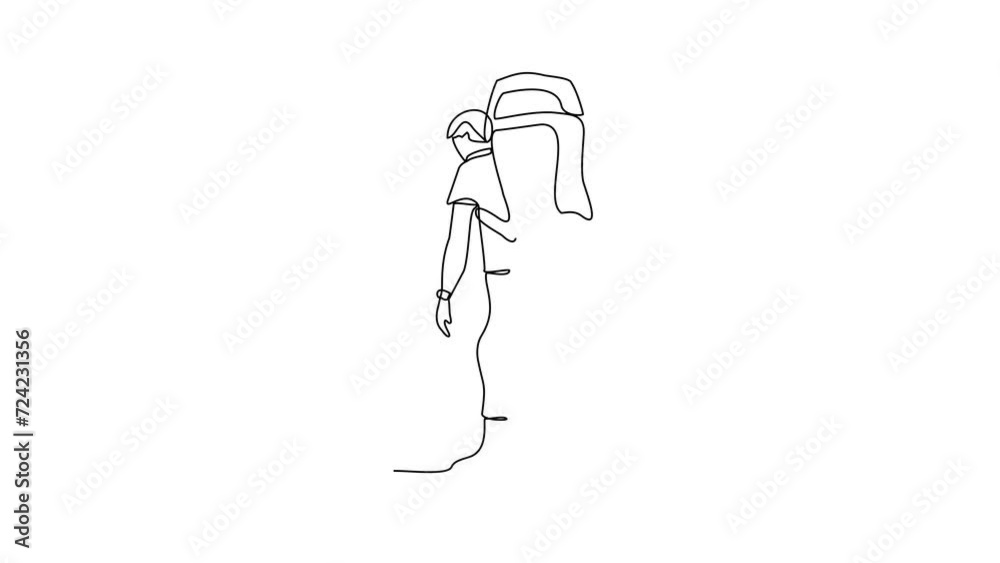 Animated self drawing of a man is climbing a mountain carrying a carrier bag on his back video illustration. Hiking and climbing activity illustration in simple linear style video design concept. Animated self drawing of a man is climbing a mountain carrying a carrier bag on his back video illustration. Hiking and climbing activity illustration in simple linear style video design concept.