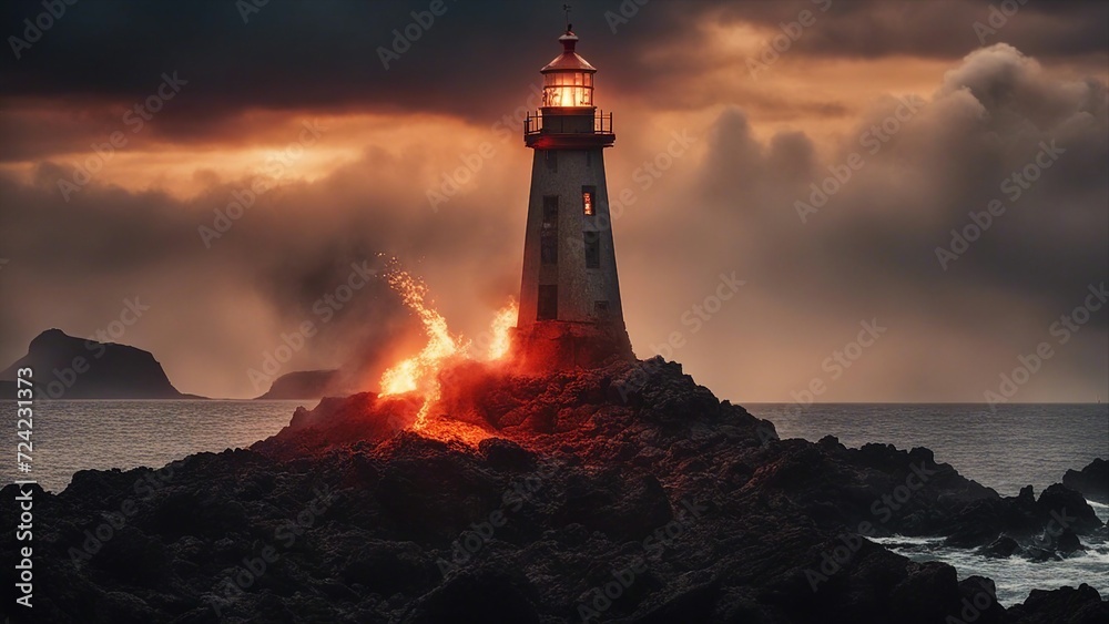 lighthouse at sunset A scary lighthouse in a hellish volcano, with lava, rocks,  . The lighthouse is made of iron 