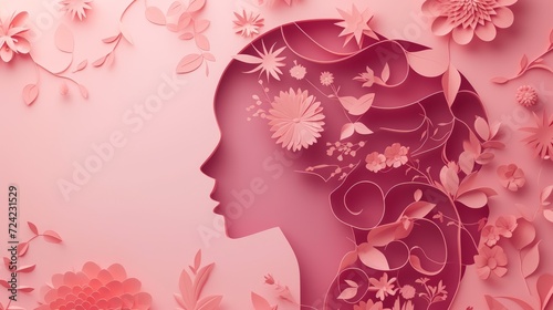 International Womens Day poster with woman silhouette and floral ornaments in paper cut 3D illustration. Female face flyer for feminism, independence, empowerment and Women's day equality concept  © Jalal