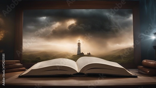 old book highly intricately detailed photograph of A big storm on top of the pages of a Bible with lighthouse in a plasma tv 