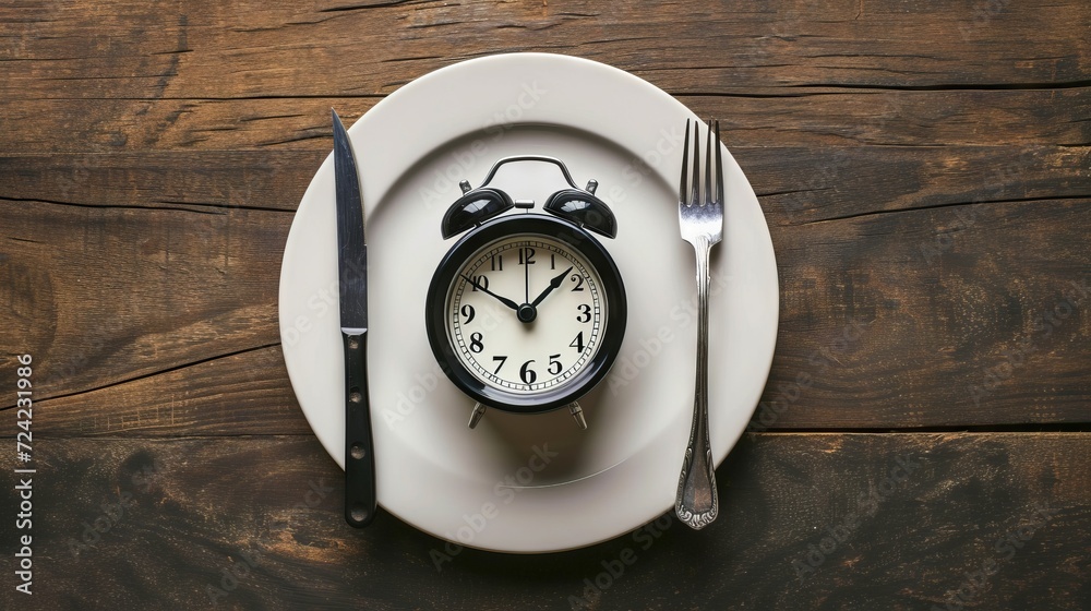 Plate with alarm clock and cutlery. Concept of intermittent fasting, lunch, diet and weight loss - obrazy, fototapety, plakaty 