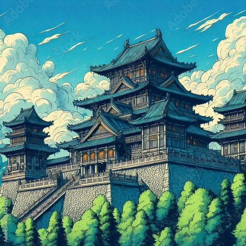 Majestueux temple d'Asie près d'arbres image de style dessin animé asiatique  photo