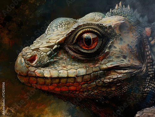 Detailed Iguana Close-Up with Intense Fiery Orange Eye and Colorful Scales - Wildlife Texture and Alertness Concept  Vivid Reptilian Portrait