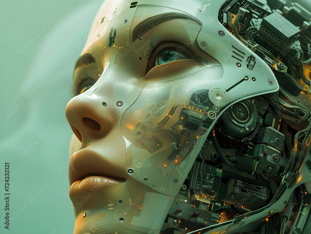 Close-Up Side View of Female Android Face with Exposed High-Tech Inner Workings, Circuitry, and Robotics - Concept of Artificial Intelligence and Futuristic Innovation