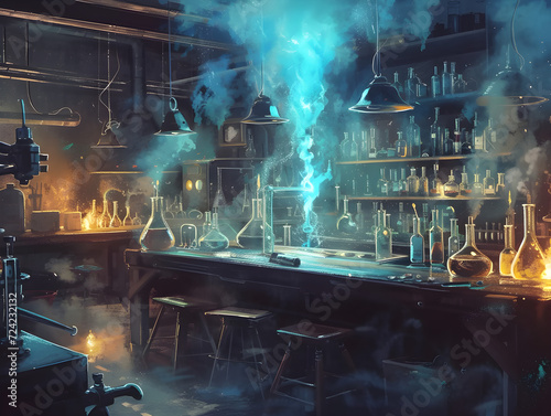Mystical Science Lab: Enchanting Fantasy-Themed Alchemy Workshop Illuminated by Magical Glow, with Colorful Elixirs and Mysterious Vapors - Concept of Innovation, Experimentation, and Fantasy Worlds