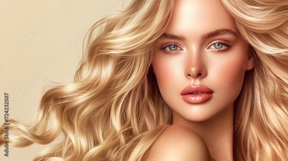 Beauty blonde girl with long and shiny wavy hair . Beautiful woman model with curly hairstyle . Fashion, cosmetics and makeup Beauty blonde girl with long and shiny wavy hair . Beautiful woman model with curly hairstyle . Fashion, cosmetics and makeup