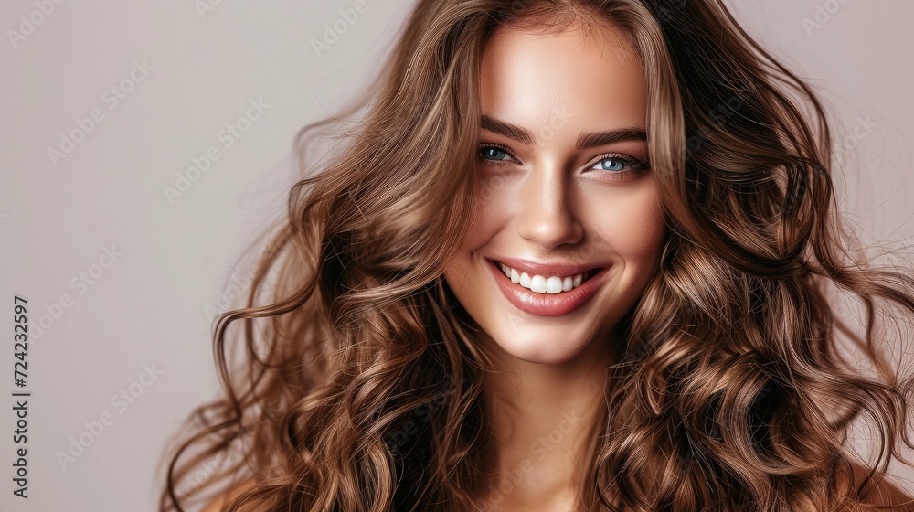 Beauty brunette girl with long shiny curly hair . Beautiful smiling woman model wavy hairstyle . Cosmetology, cosmetics and make-up. Beauty brunette girl with long shiny curly hair . Beautiful smiling woman model wavy hairstyle . Cosmetology, cosmetics and make-up.
