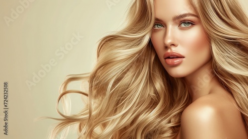 Beauty blonde girl with long and shiny wavy hair . Beautiful woman model with curly hairstyle . Fashion, cosmetics and makeup