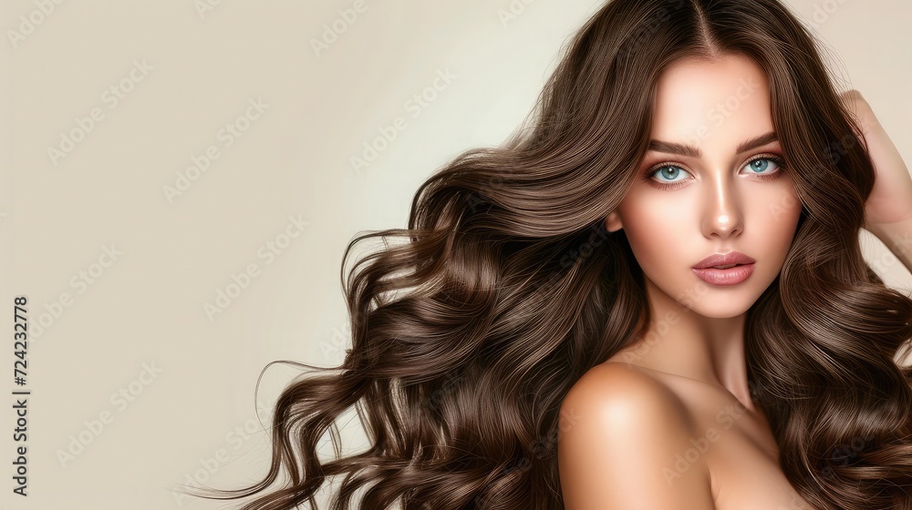 Naklejka premium Brunette girl with long and shiny curly hair . Beautiful model woman with wavy hairstyle