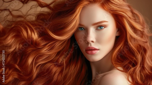 Beauty redhead girl with long and shiny wavy red hair . Beautiful woman model with curly hairstyle .