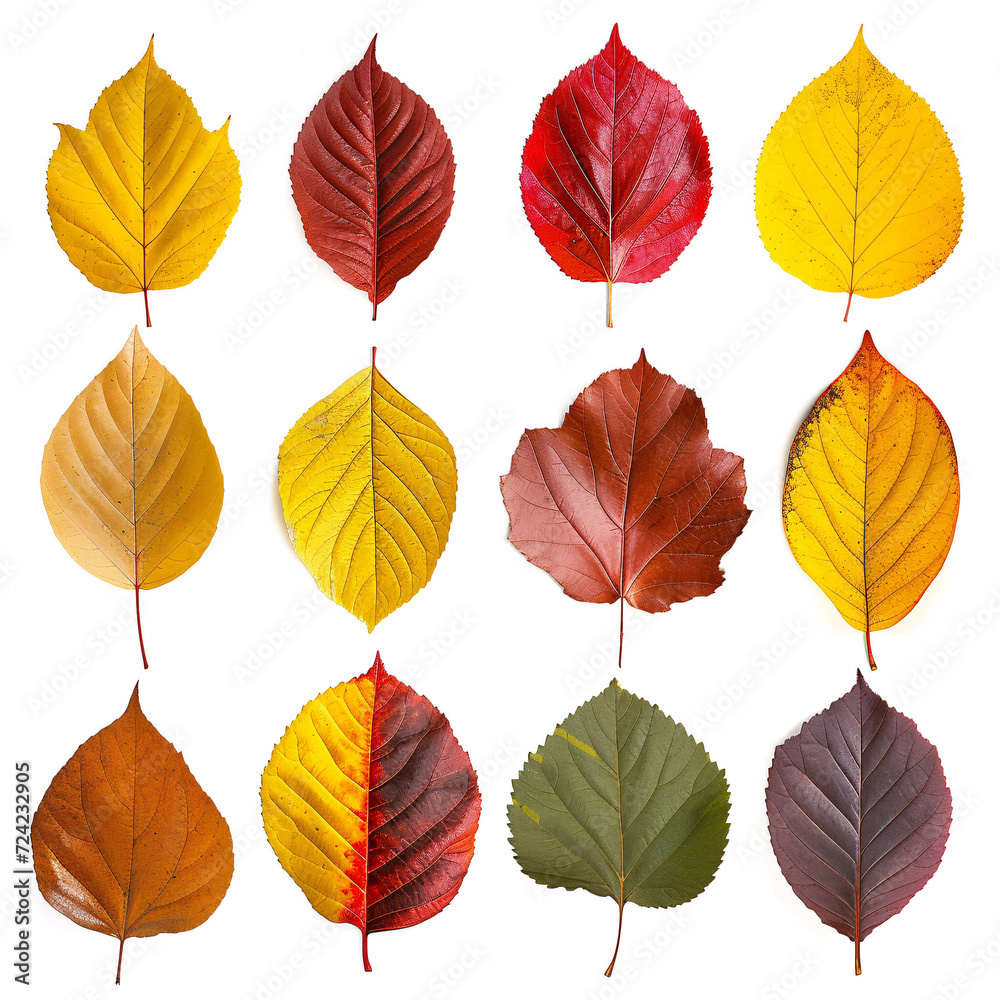 Autumnal Mosaic: A Collection of Vibrant Fall Leaves in a Spectrum of Colors, isolated on white background with full depth of field and deep focus fusion
