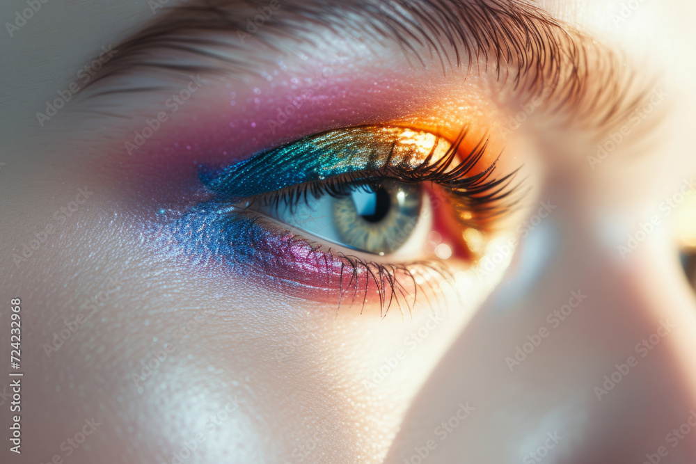 Closeup view of female eye with bright multicolored fashion makeup. Generative AI