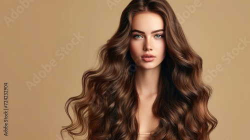 Brunette girl with long and shiny curly hair . Beautiful model woman with wavy hairstyle