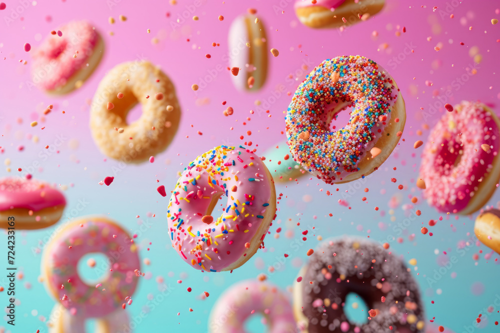 Colourful decorated with sprinkles donuts falling on pastel background. Generative AI Colourful decorated with sprinkles donuts falling on pastel background. Generative AI